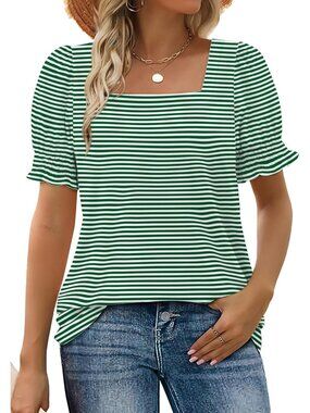 Women's 1 Green Stripe Square Neck Top Summer Casual Ruffle Trim Sleeve T Shirt